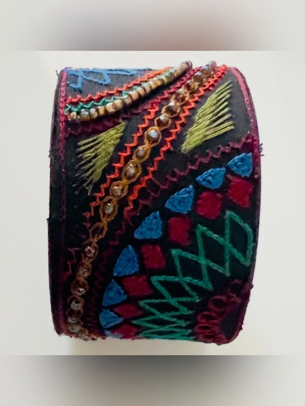 Vintage Boho Hand Embroidered Cuff Bracelet Multi Color Textile Artisan Beadwork